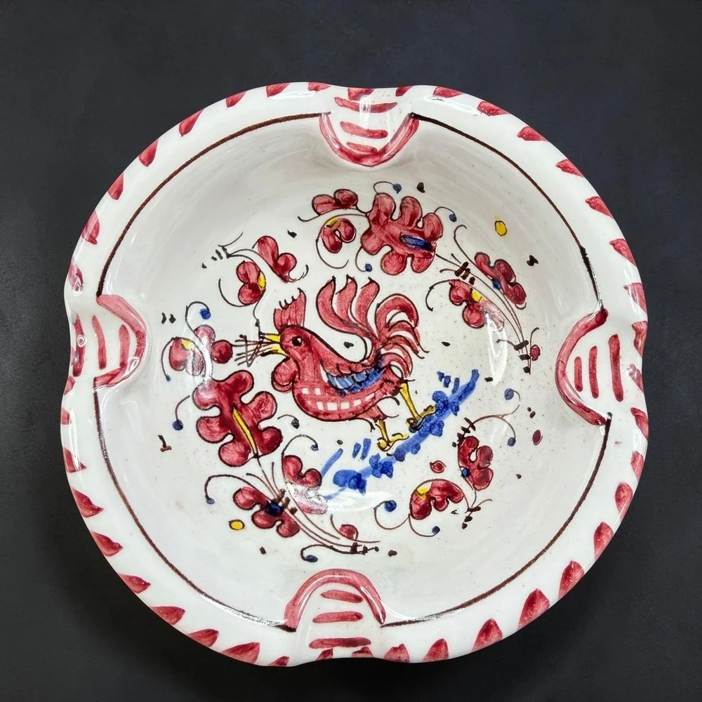 Vintage PV Italy Hand Painted Ceramic Rooster Ash Holder Red Floral Bowl 6724 D